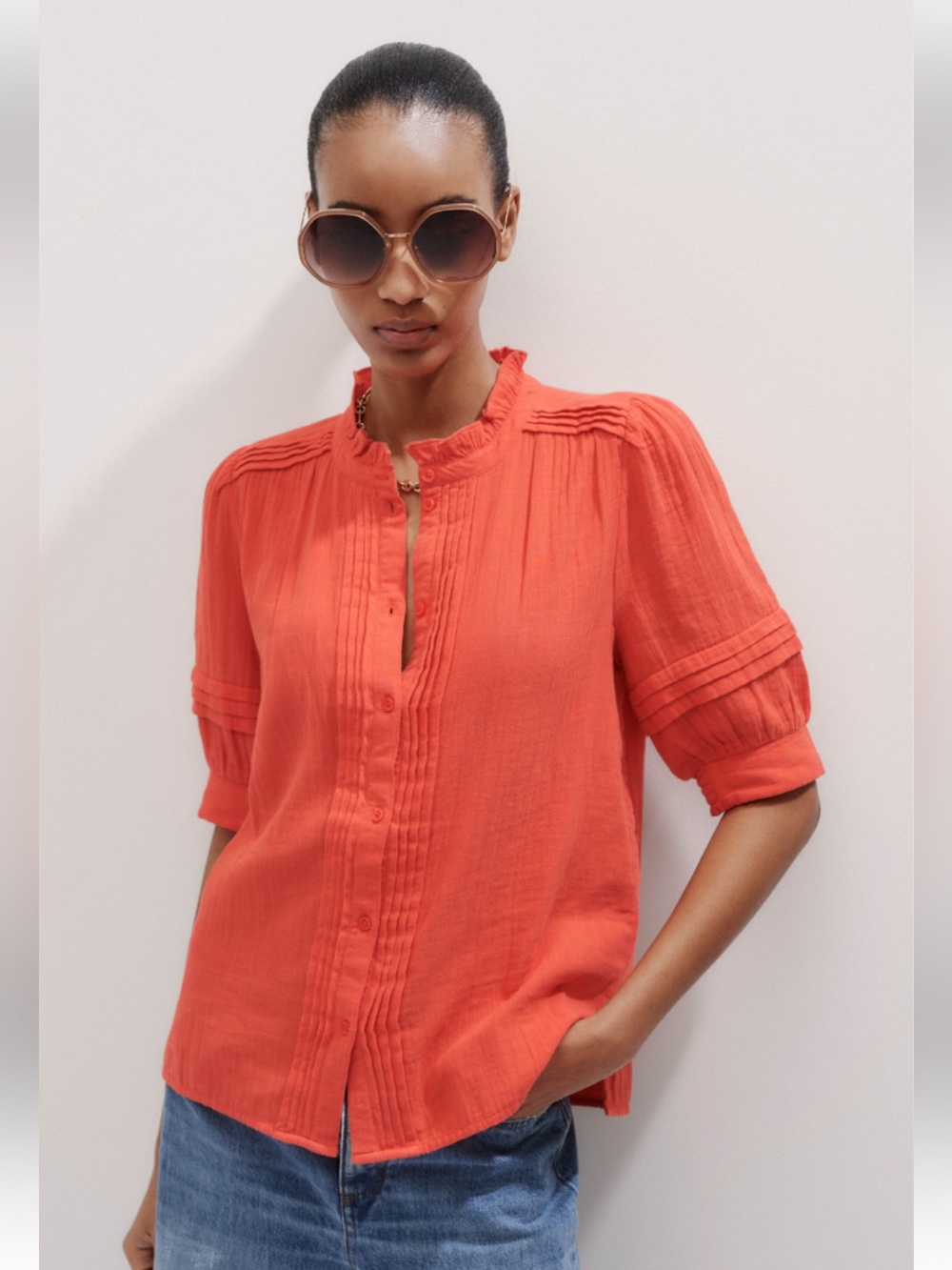 ME+EM Vibrant Orange Pintuck Ruffle-Trim Button Blouse